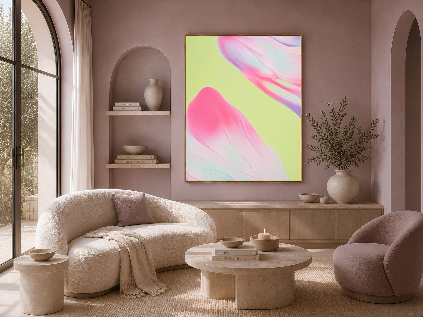 Pink and green abstract art above boucle sofa, maximalist living room decor