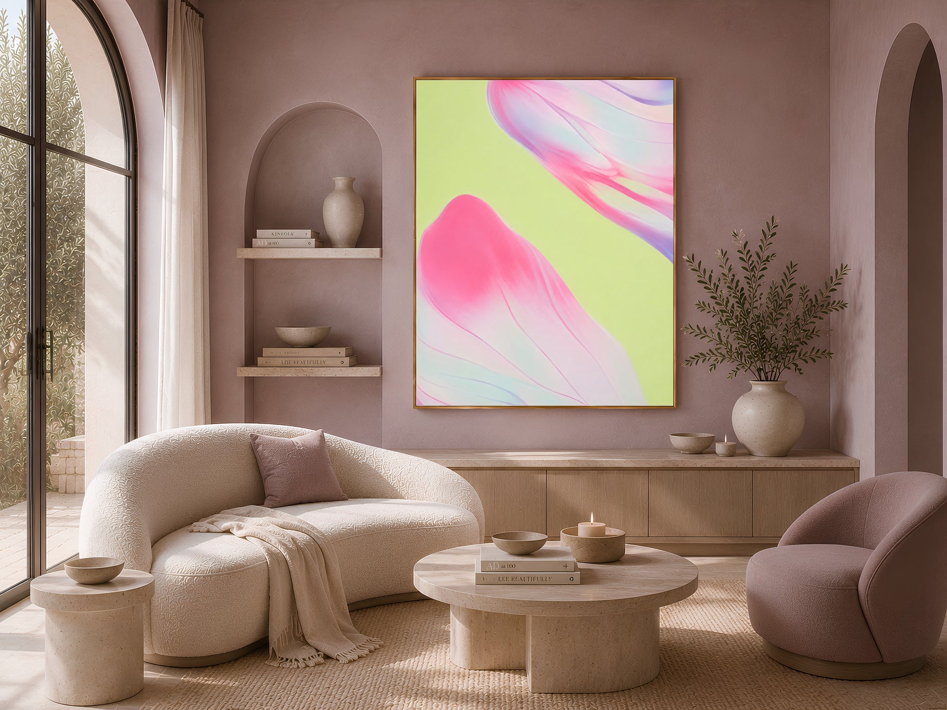 Pink and green abstract art above boucle sofa, maximalist living room decor
