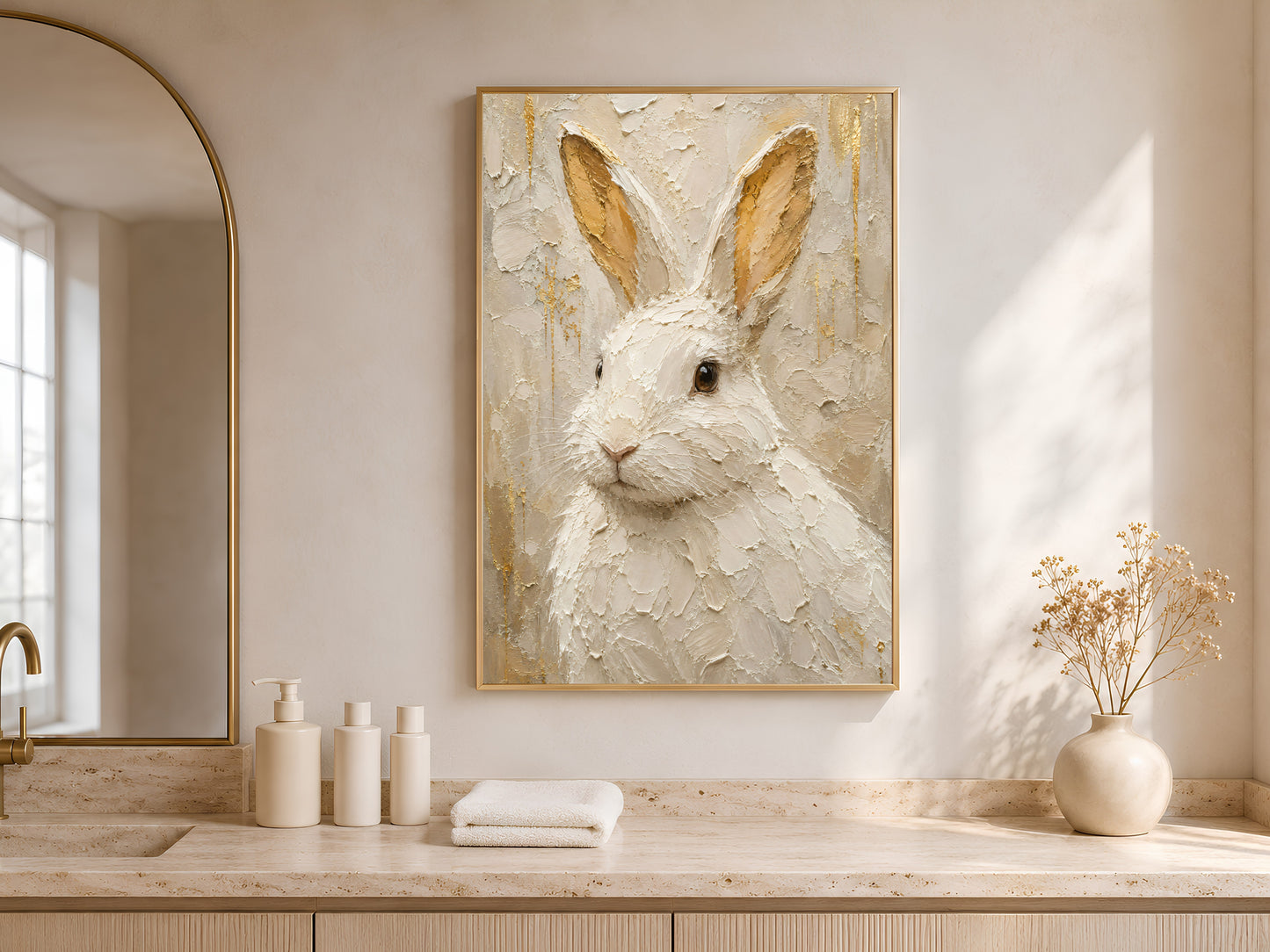 White rabbit wall art in a wood frame displayed in a serene nursery with a wooden crib, woven baskets, plants, and warm neutral tones
