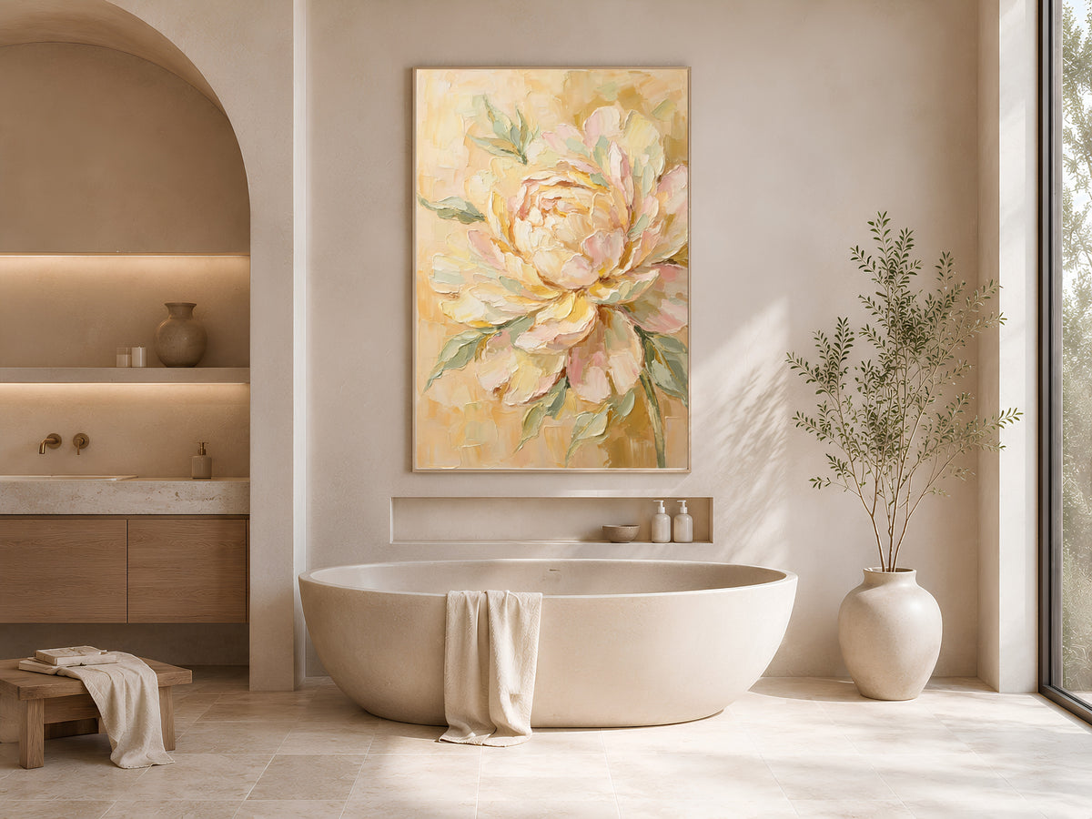 Butter Yellow Peony Wall Art, Blush Pink Impasto Floral Print - Digital Download