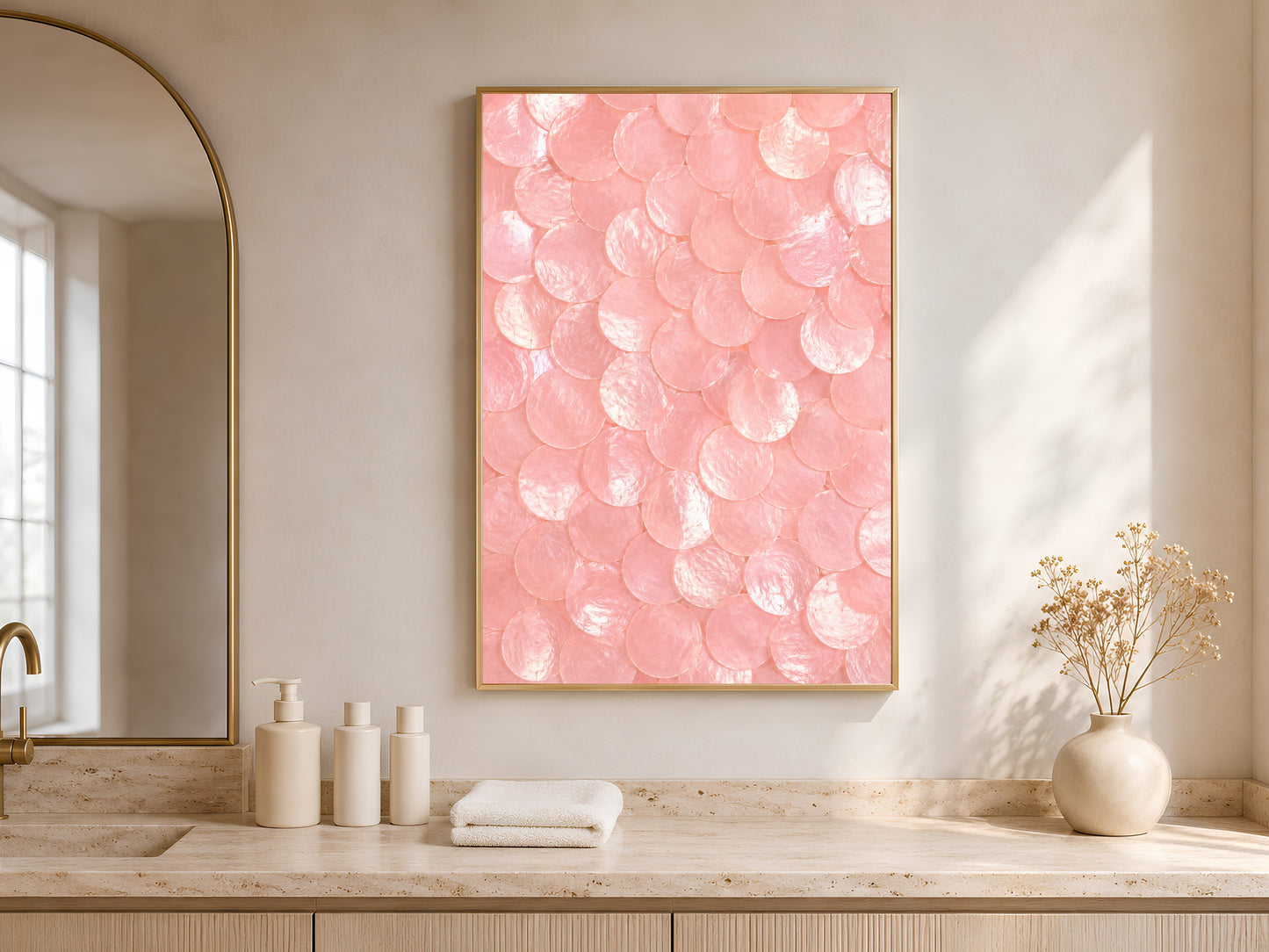 Pink capiz shell dot print in a gold frame hung above a bathroom vanity with white towels and ceramic accessories.
