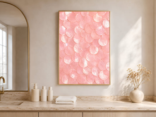 Pink capiz shell dot print in a gold frame hung above a bathroom vanity with white towels and ceramic accessories.
