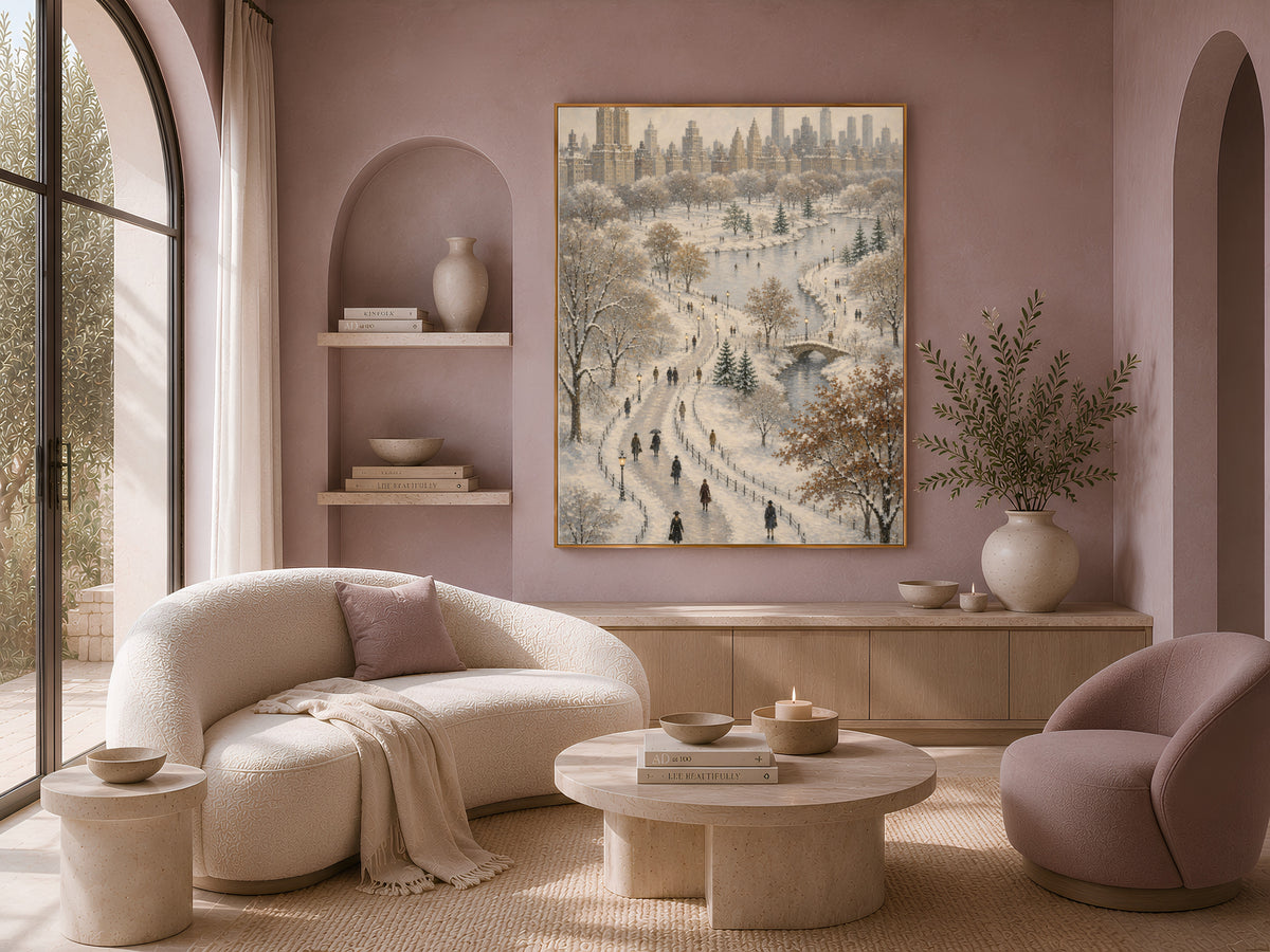 Central Park winter wall art framed print in cozy living room with blush pink armchair