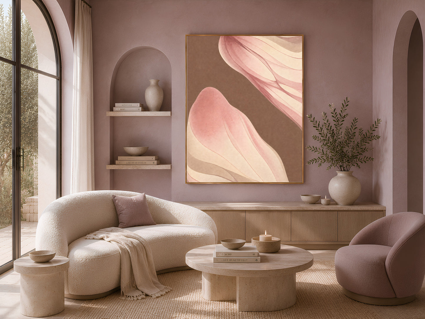 Mocha abstract ribbon print above a curved cream sofa in a warm, minimalist living room
