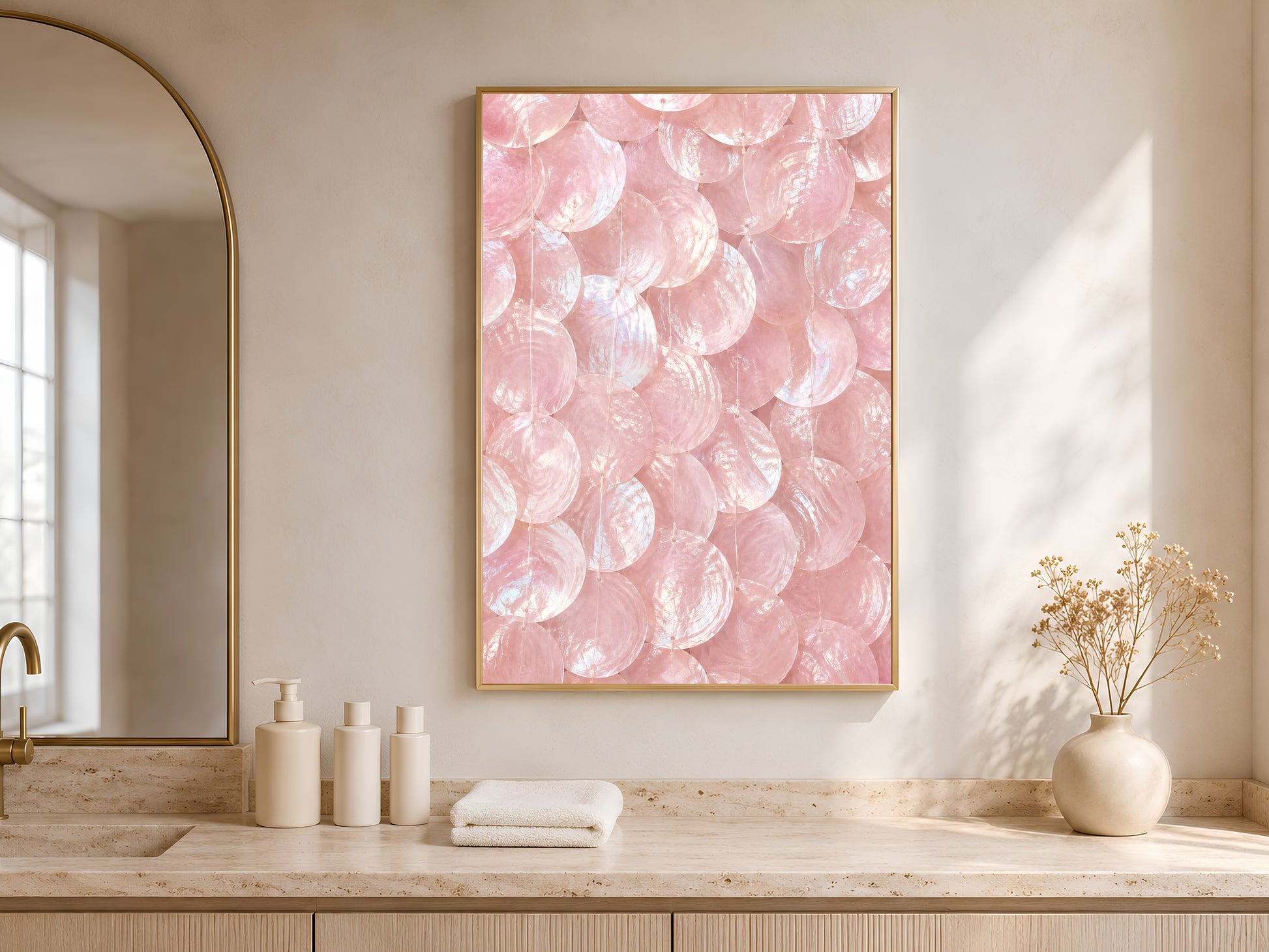 Framed pink capiz shell art print above a wood kitchen countertop with a vase and towels.
