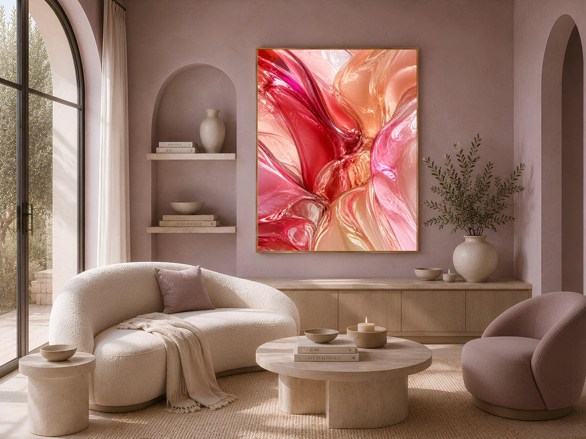 Liquid Glass Abstract Wall Art, Pink Coral 3D Render Print - Digital Download