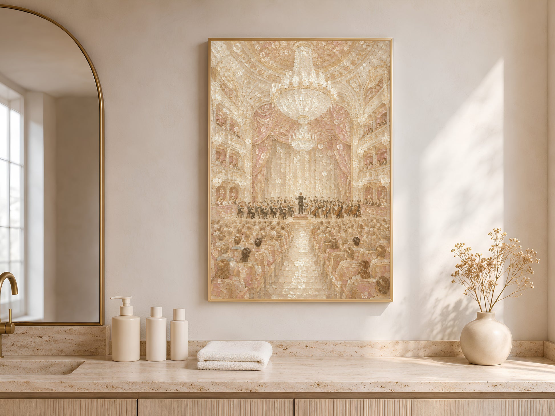 Orchestra hall print framed in gold displayed above console table in bright neutral bathroom
