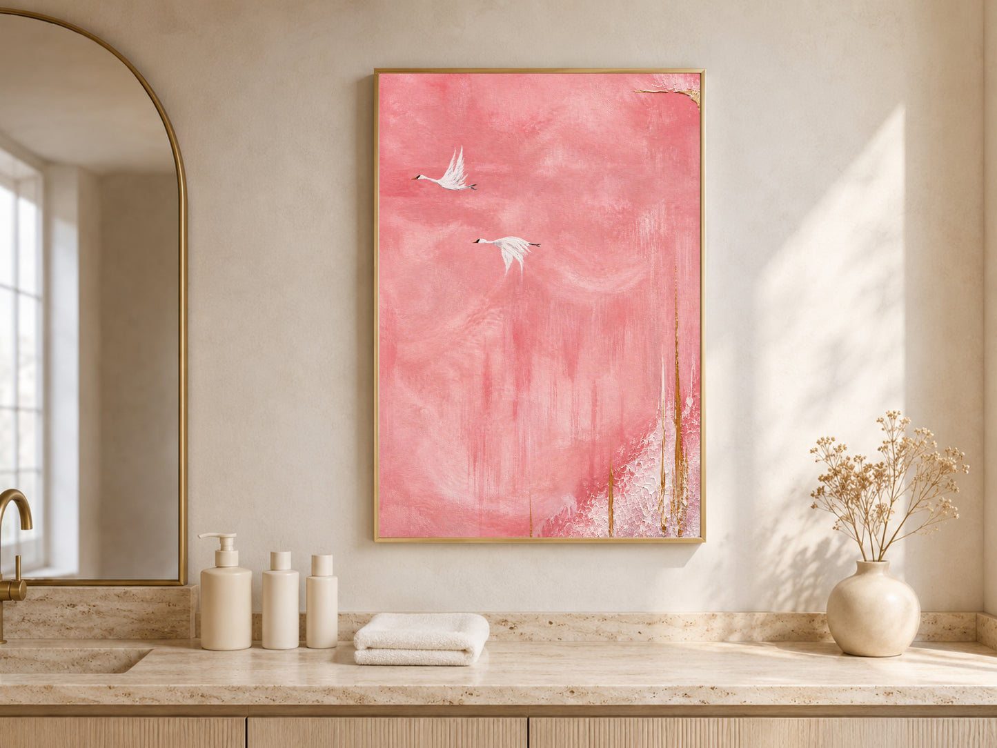 Flying cranes wall art framed above a marble bathroom counter, pink sky Japandi bird painting print
