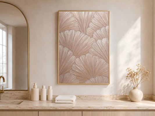 Textured dusty rose print in a spa-style bathroom with candles and warm arched windows
