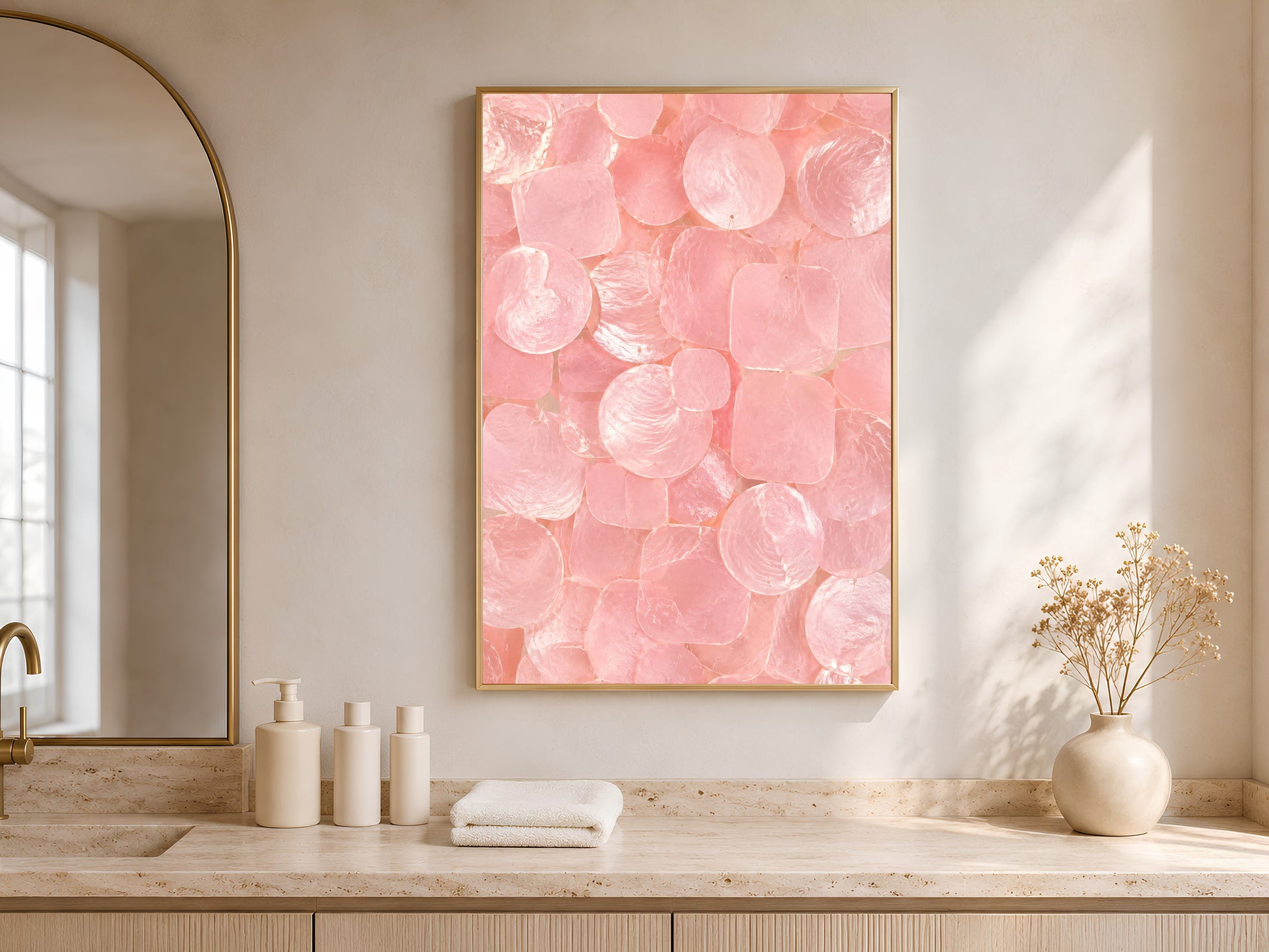 Pink capiz shell print in a gold frame hung above a bathroom vanity with white towels and ceramic accessories.
