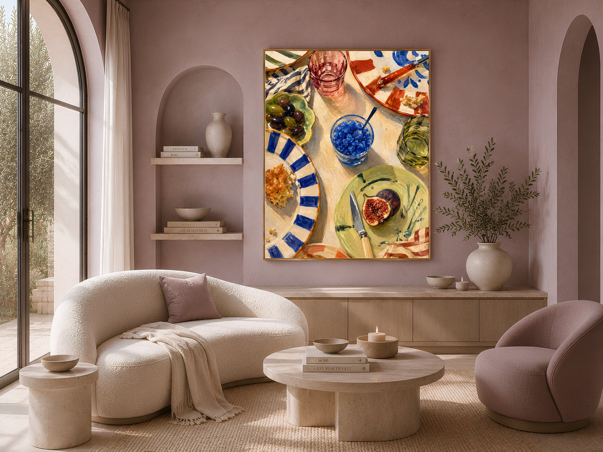 Italian kitchen wall art framed print in beige living room with arched shelving