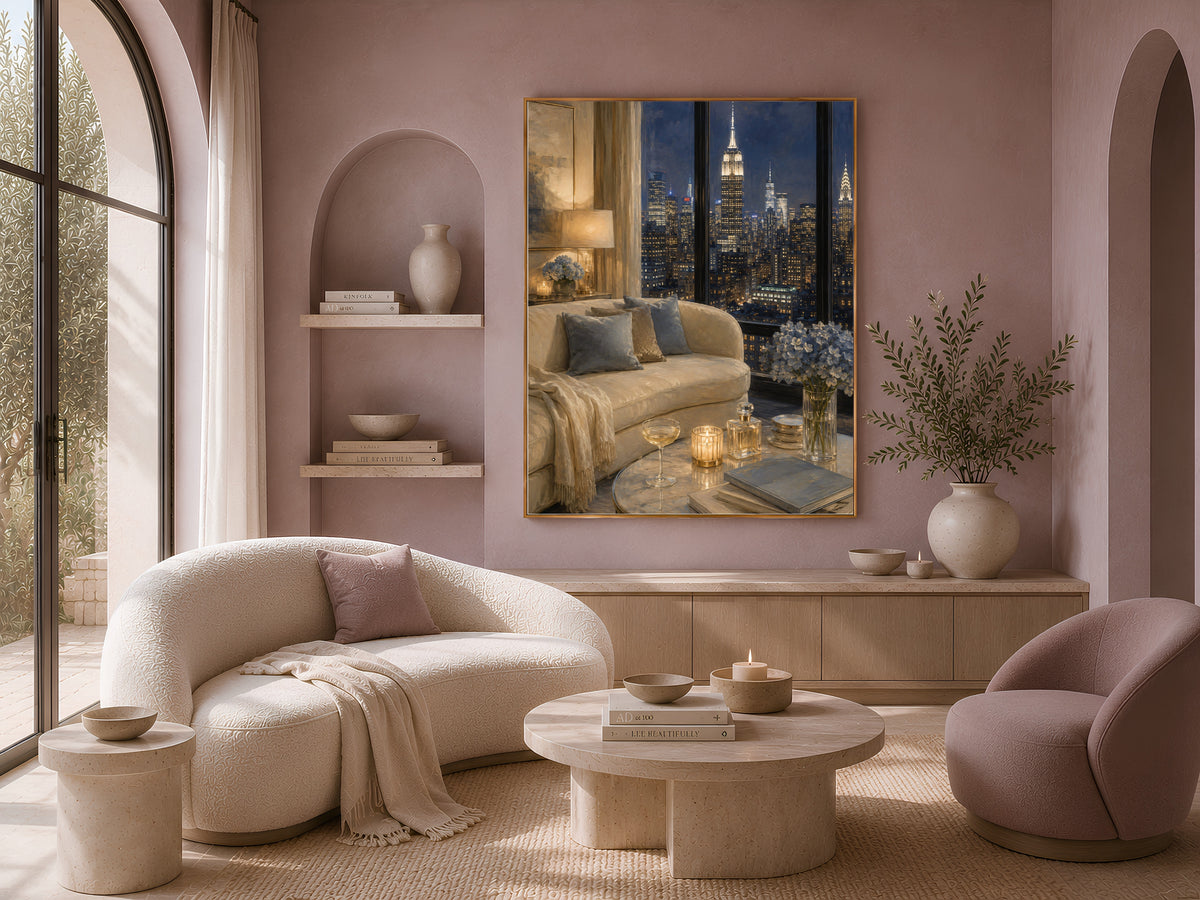 NYC Penthouse View Wall Art, Navy Blue City Skyline Print - Digital Download