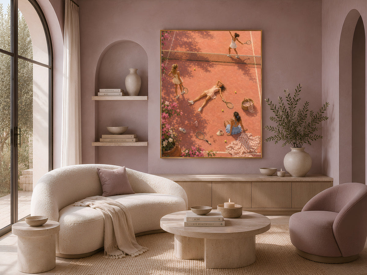 Close-up of pink tennis court art showing bougainvillea, rackets, and net detail