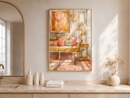 Terracotta abstract wall art in a gold frame above a bathroom vanity with an arched window, warm impasto print in a neutral bathroom
