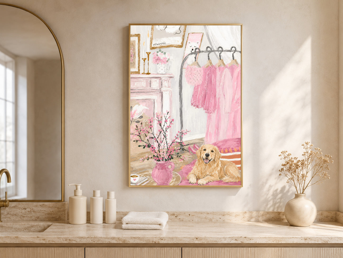 Golden retriever painting framed in a neutral living room, pink boudoir wall art
