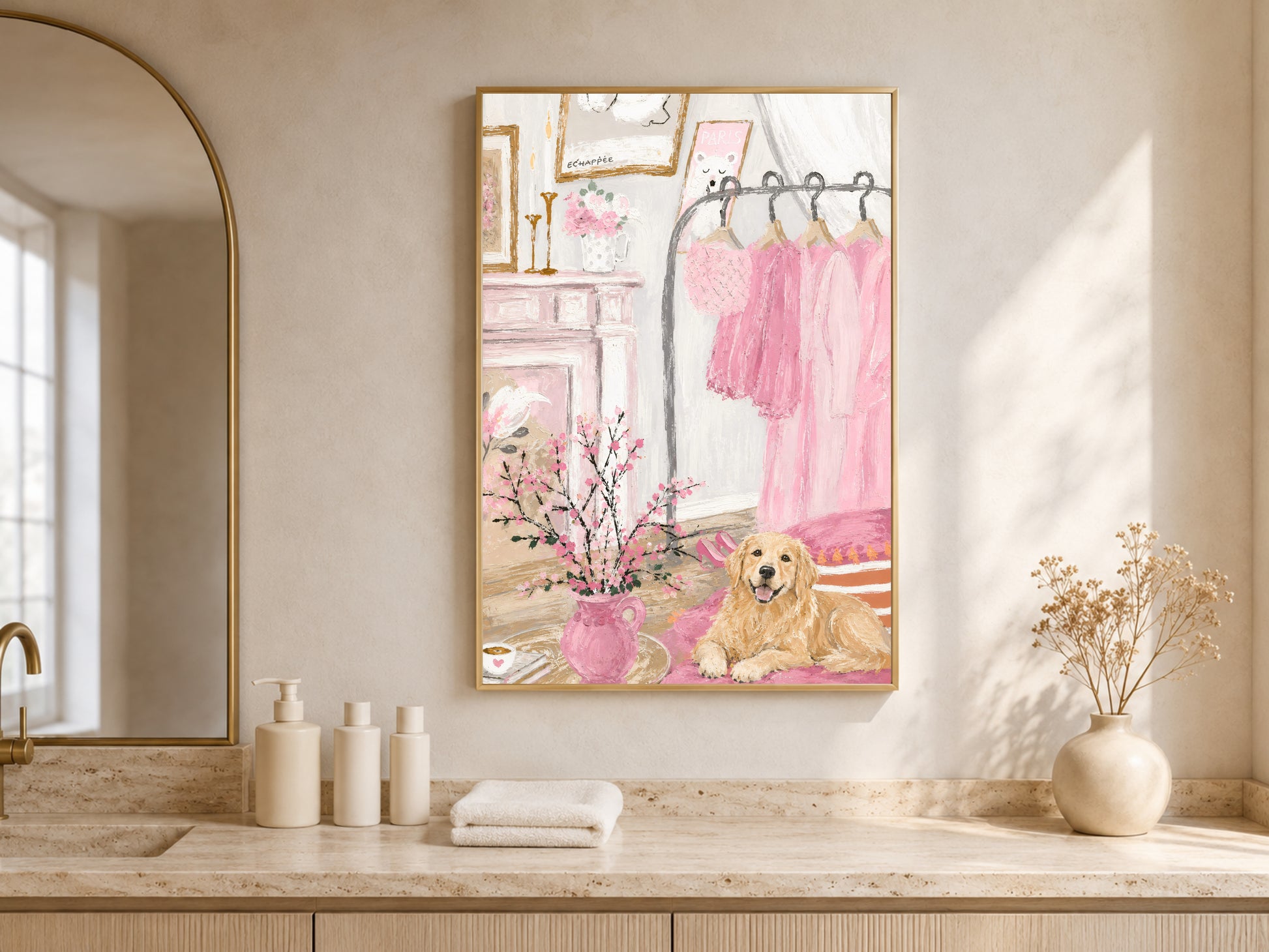 Golden retriever painting framed in a neutral living room, pink boudoir wall art
