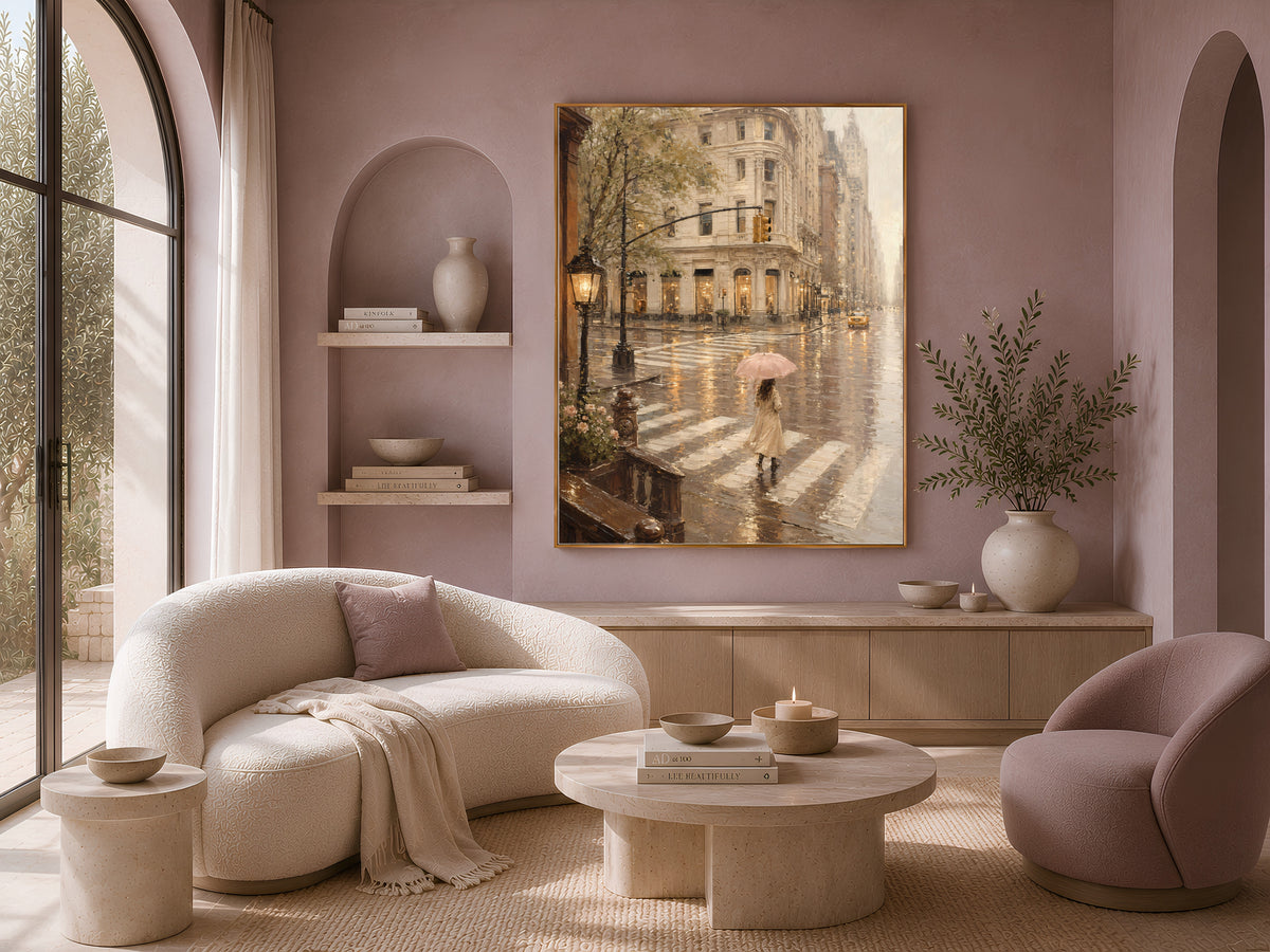 Woman with Umbrella Wall Art, Pink Umbrella Print, Rainy City Painting - Digital Download