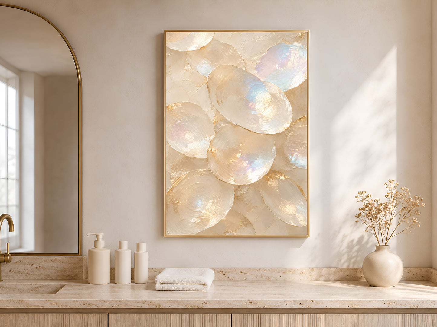 Oyster shell print framed in gold above a neutral bed in soft coastal bedroom
