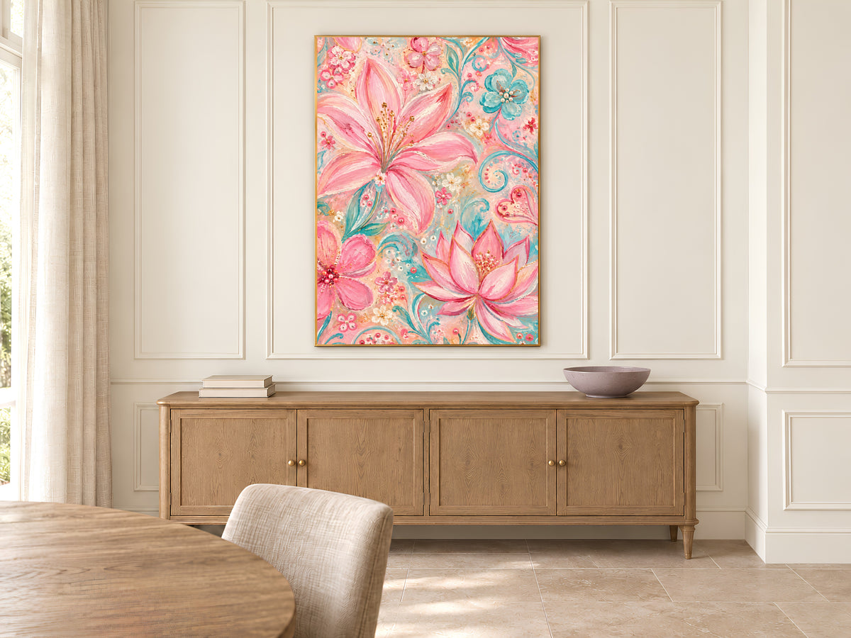 Pink Floral Wall Art, Pastel Lily and Lotus Painting, Pink and Teal Impasto Style Flower Print, Printable Digital Download