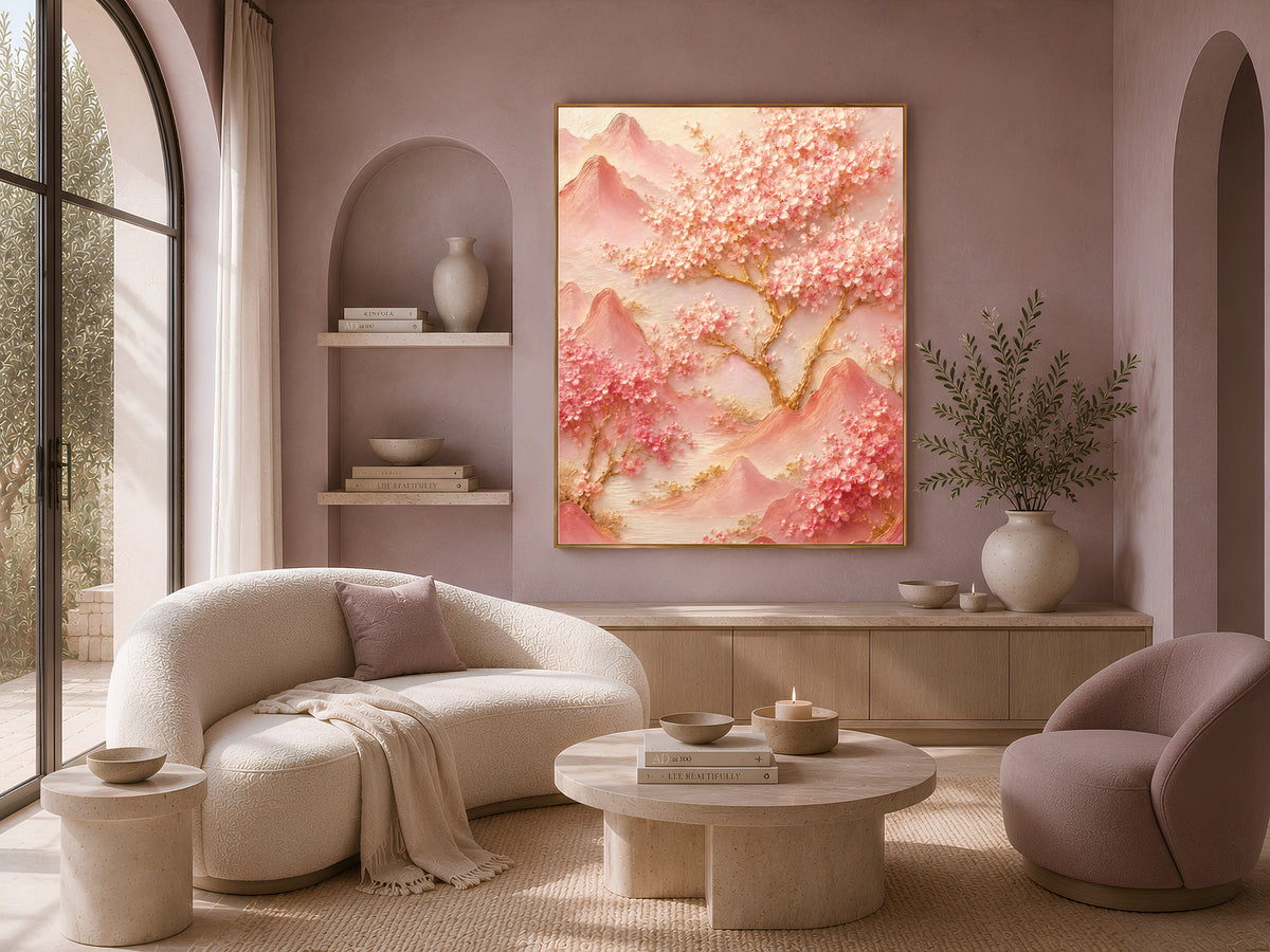 Framed pink cherry blossom mountain print above a cream curved sofa in a neutral living room with an arched wall niche