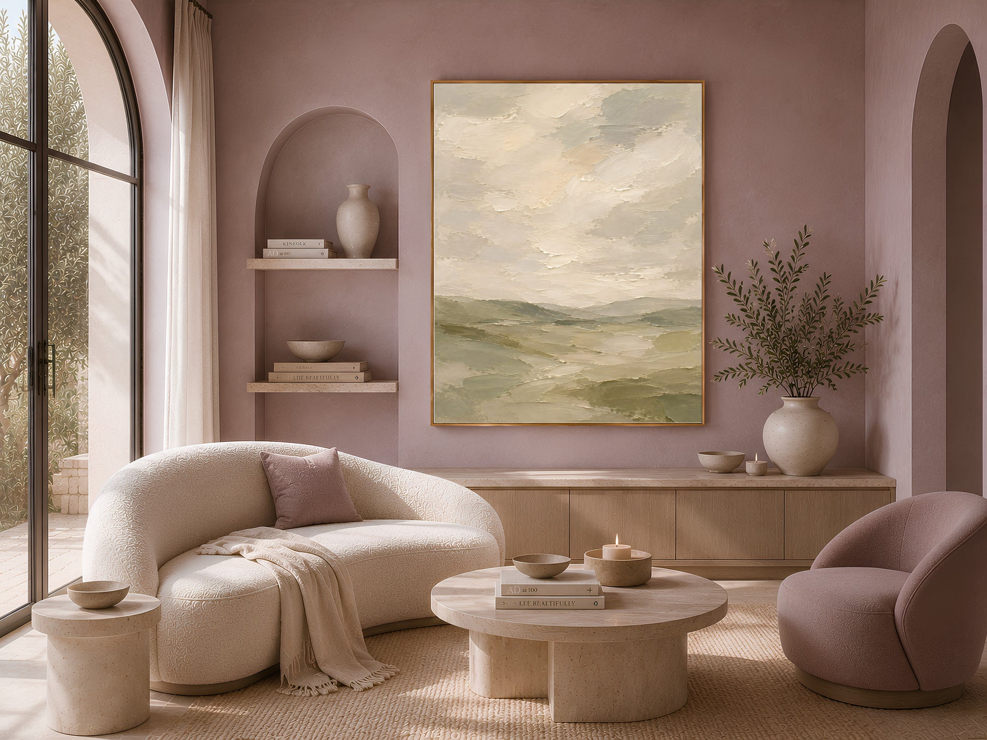 Sage green landscape wall art print displayed above a curved boucle sofa in a mauve living room