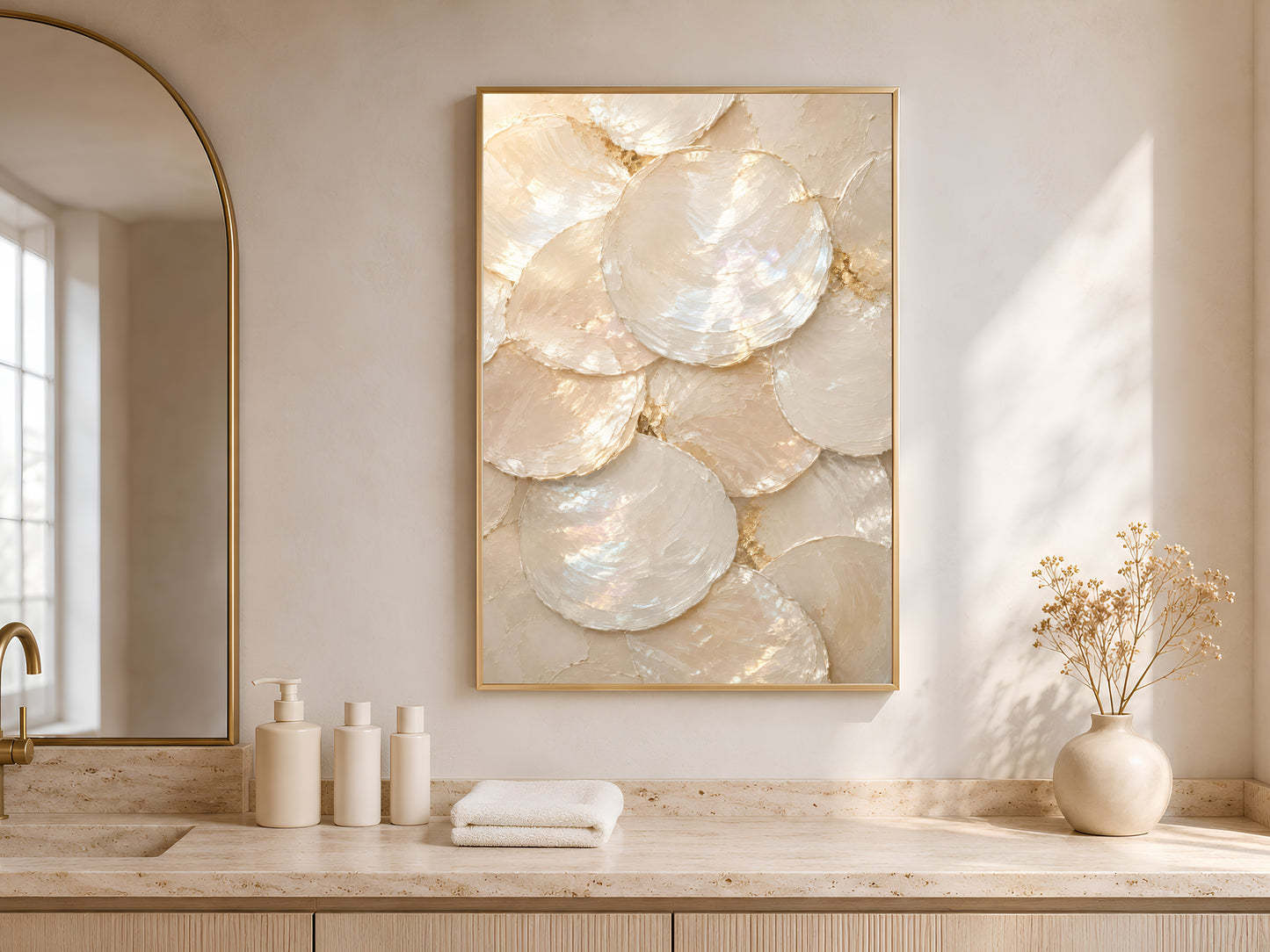 Mother of pearl shell print framed in gold displayed above console table in bright neutral entryway
