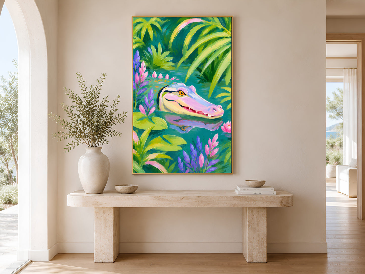 Colorful alligator wall art in a gold frame displayed in a Scandinavian-style hallway with wooden console table, neutral vases, and soft natural light
