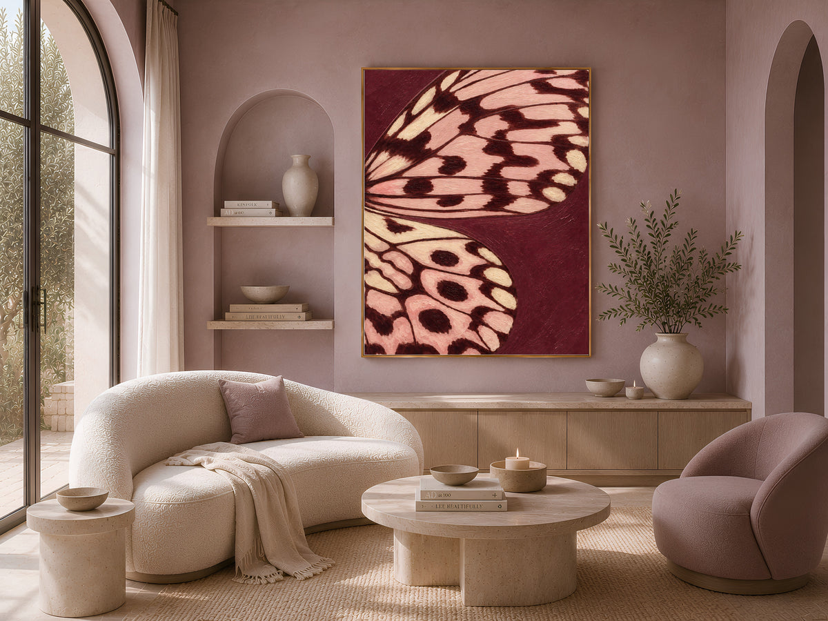 Butterfly Wing Wall Art, Burgundy Blush Pink Impasto Print - Digital Download