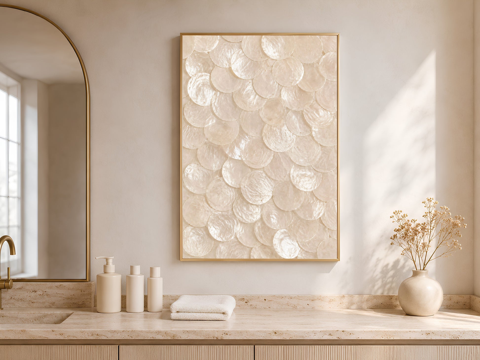 Capiz shell wall art in a gold frame above a bathroom vanity with folded towels and warm arched window light

