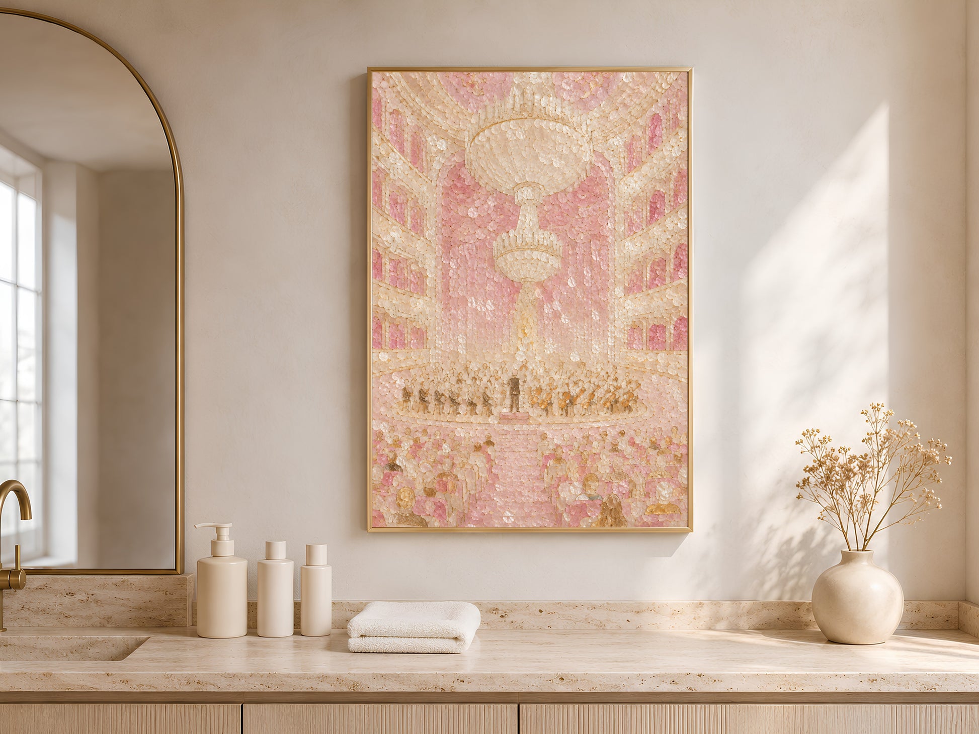 Opera house print framed in gold displayed above bathroom counter near arched mirror
