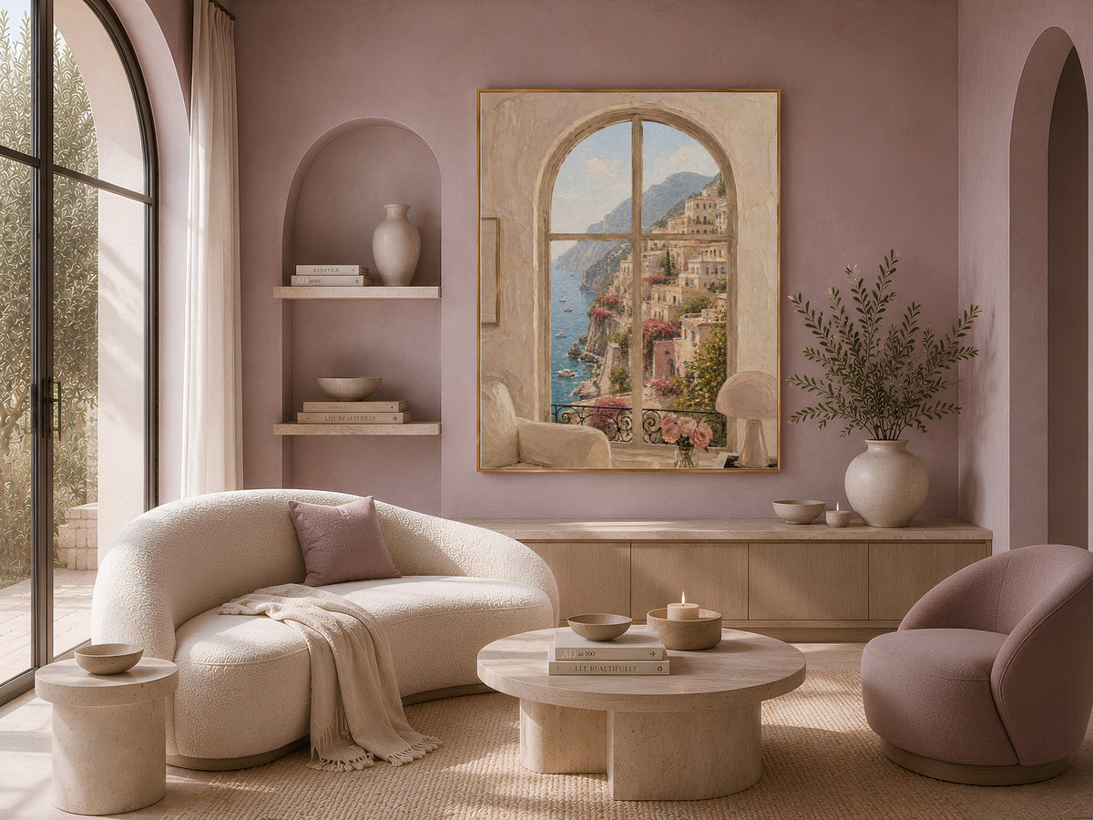 Amalfi Coast Window View Wall Art, Positano Impasto Print - Digital Download