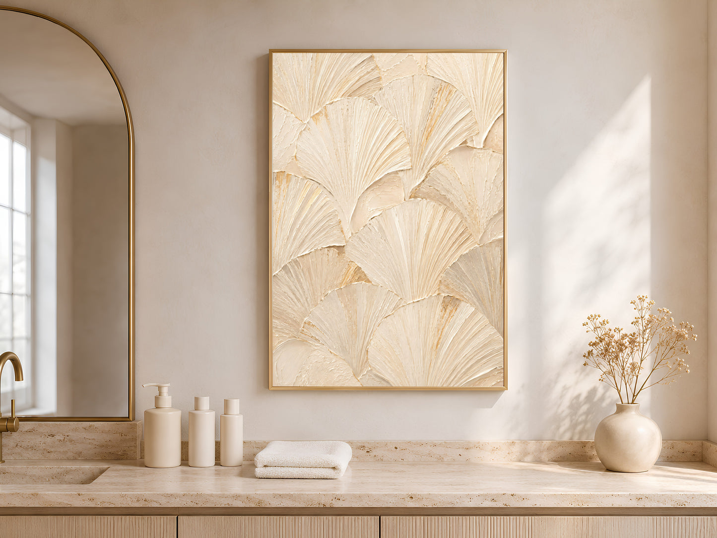 Framed ginkgo leaf print above a beige stone counter near an arched doorway with candles.
