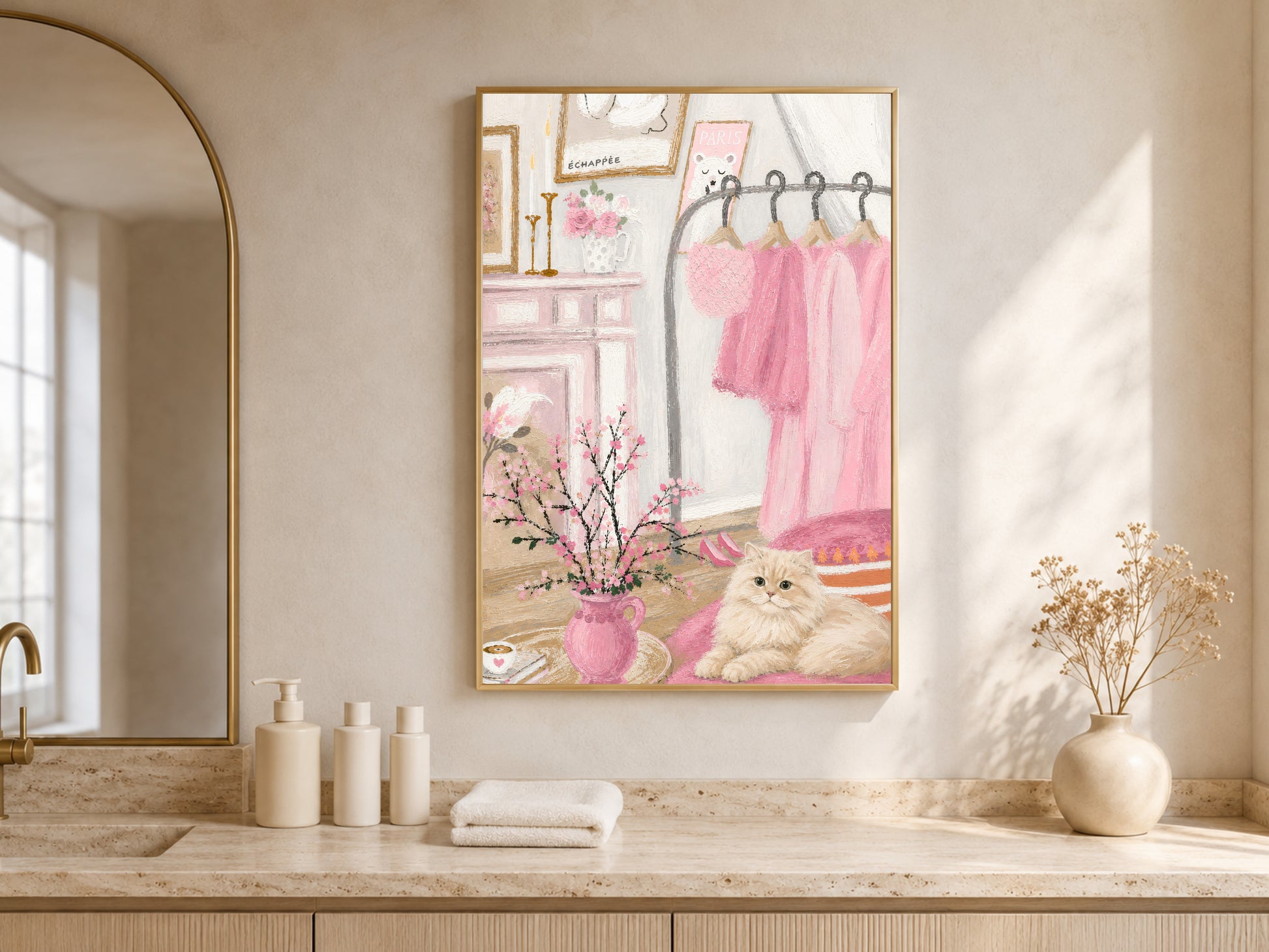 Pink Parisian printable art displayed above a bathroom counter with candles
