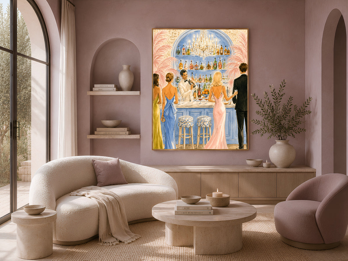 Riviera Cocktail Bar Wall Art, Preppy Pink Watercolor Print - Digital Download