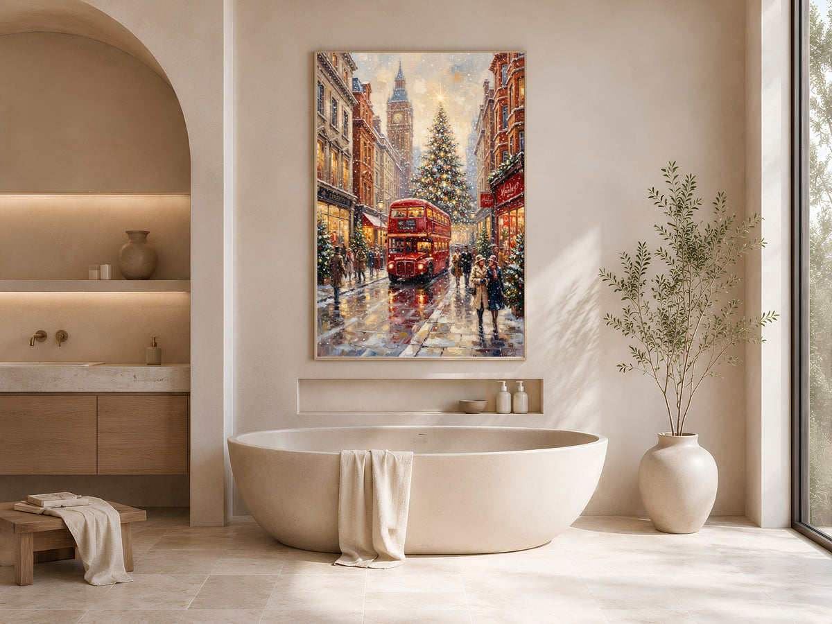 London Christmas Wall Art, Vintage Oil Painting Print - Digital Download