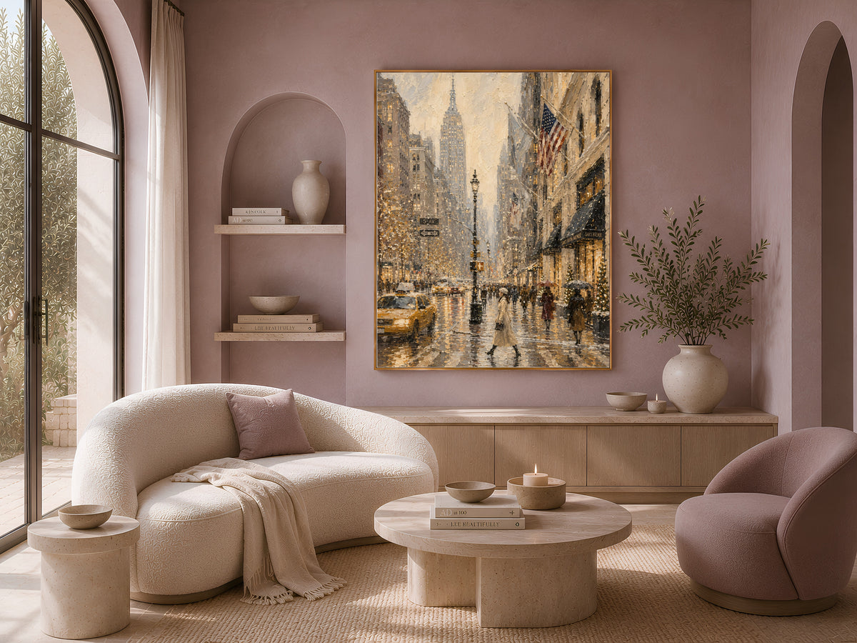 5th Avenue NYC wall art framed print in cozy living room with blush pink sofa