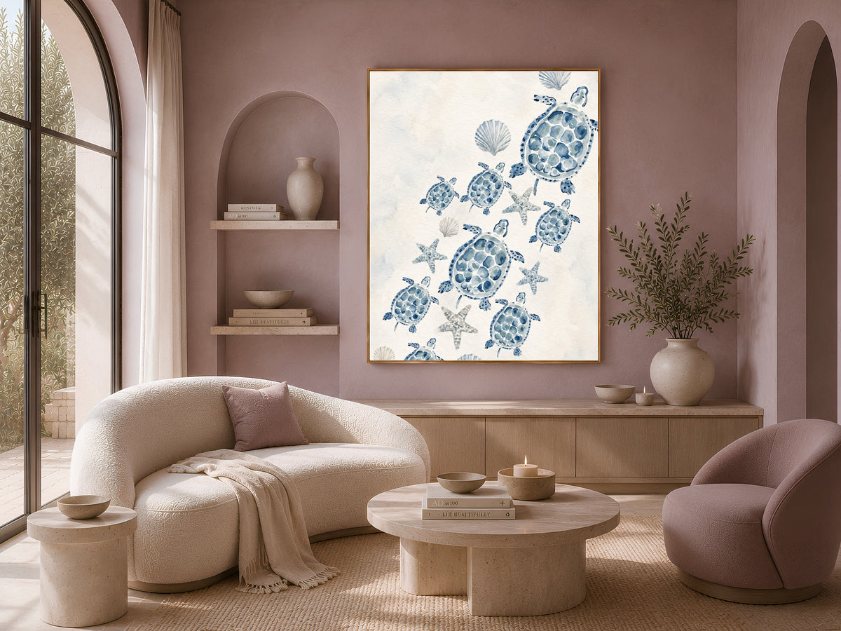 Sea Turtle Nursery Wall Art, Watercolor Blue Coastal Print - Digital Download
