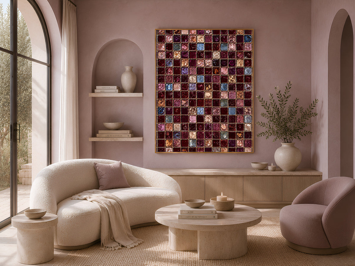 Jewel Tone Mosaic Wall Art, Burgundy Gold Tile Print - Digital Download