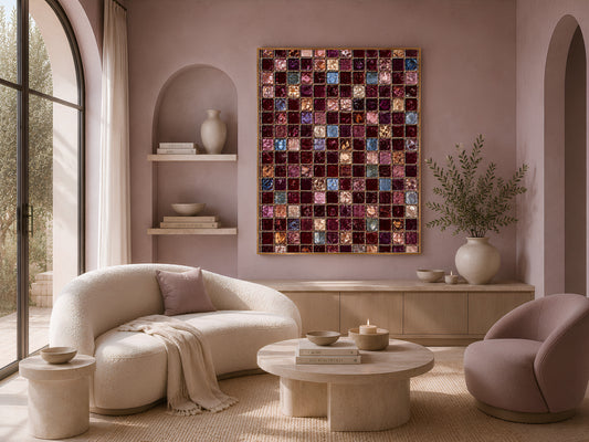 Jewel Tone Mosaic Wall Art, Burgundy Gold Tile Print - Digital Download