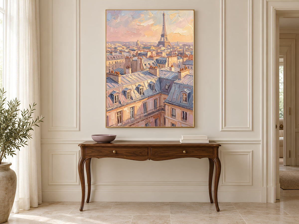 Paris Wall Art, Impasto Oil Painting Print, Eiffel Tower Sunset Rooftops - Digital Download