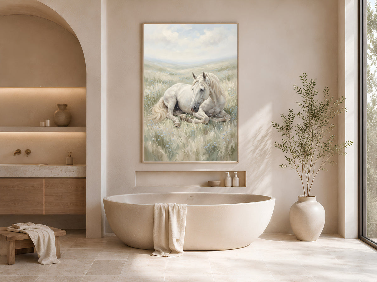 White Horse Wall Art, Wildflower Meadow Oil Painting Print - Digital Download