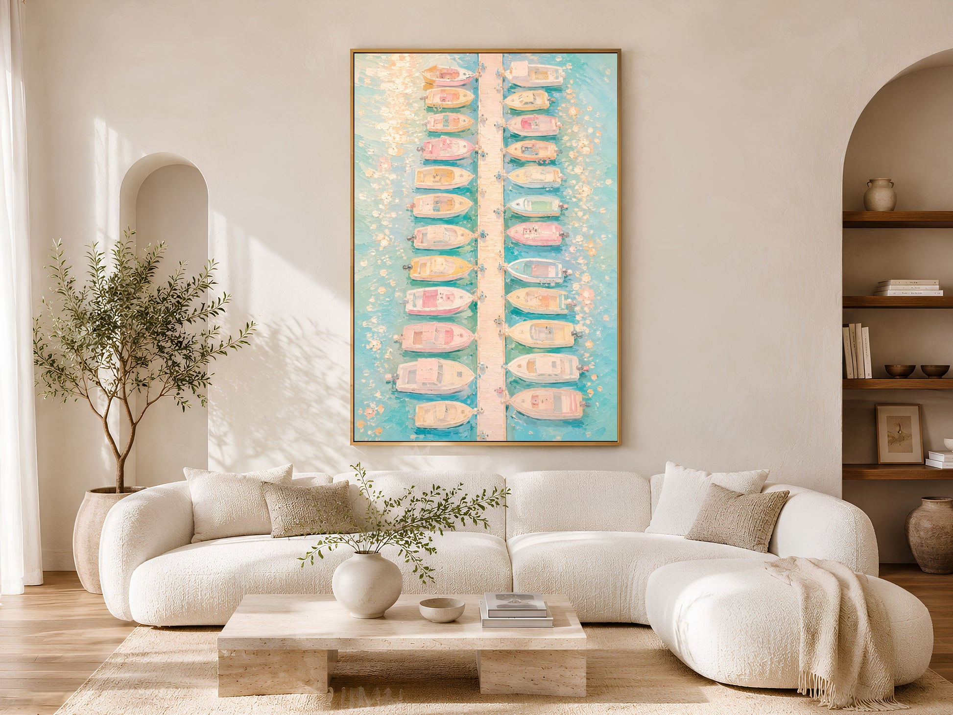 
Aerial pastel marina wall art in gold frame above a cream sofa in a bright neutral living room with arched shelving