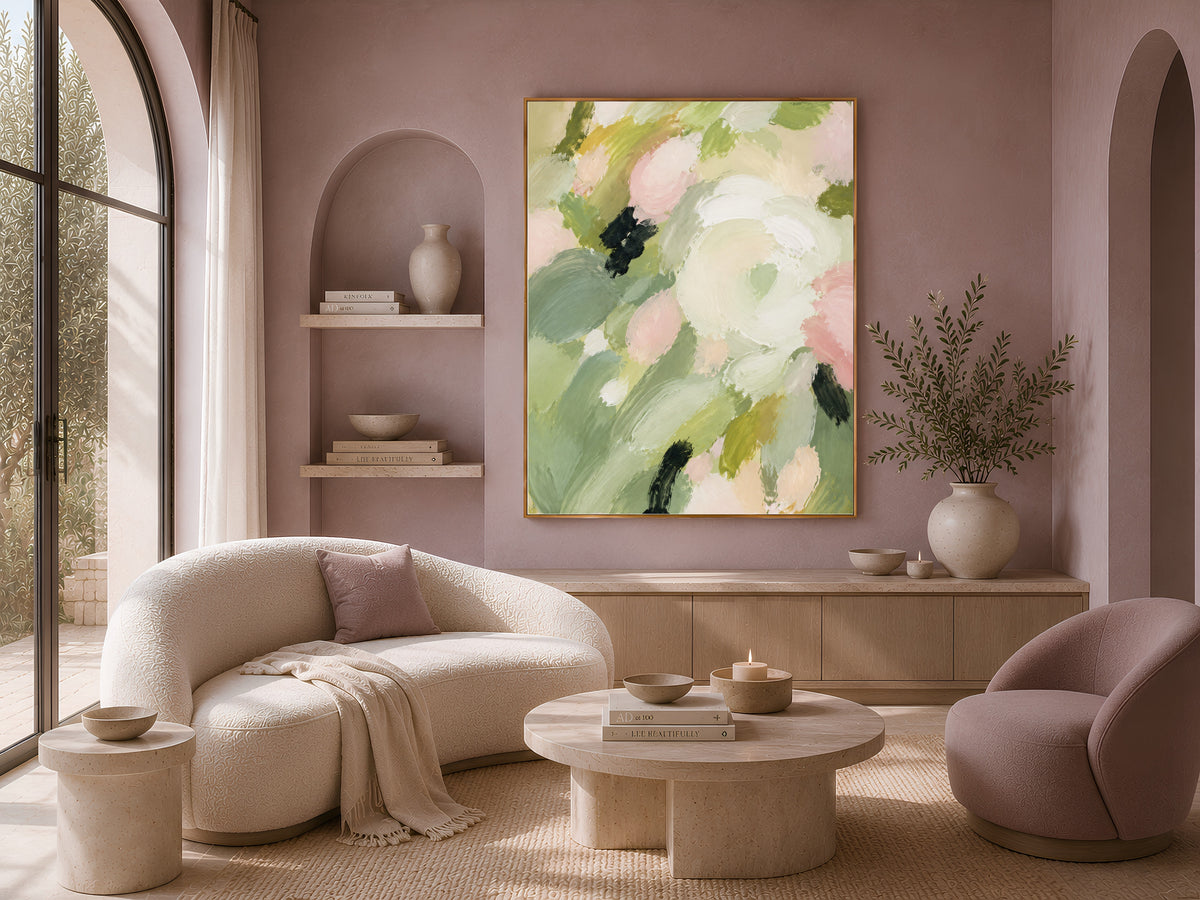 Sage Green Abstract Floral Painting, Blush Pink Botanical Wall Art - Digital Download
