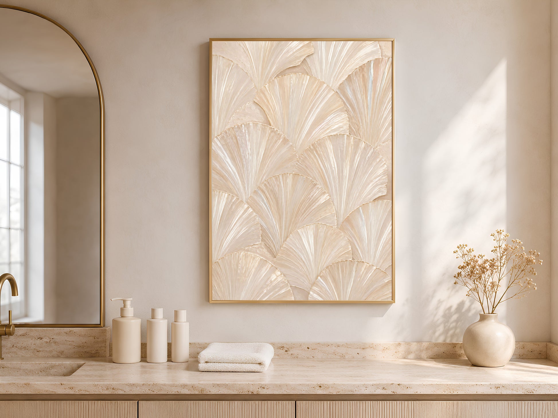 Capiz shell print in a gold frame above a bathroom vanity with round mirror and neutral towels.
