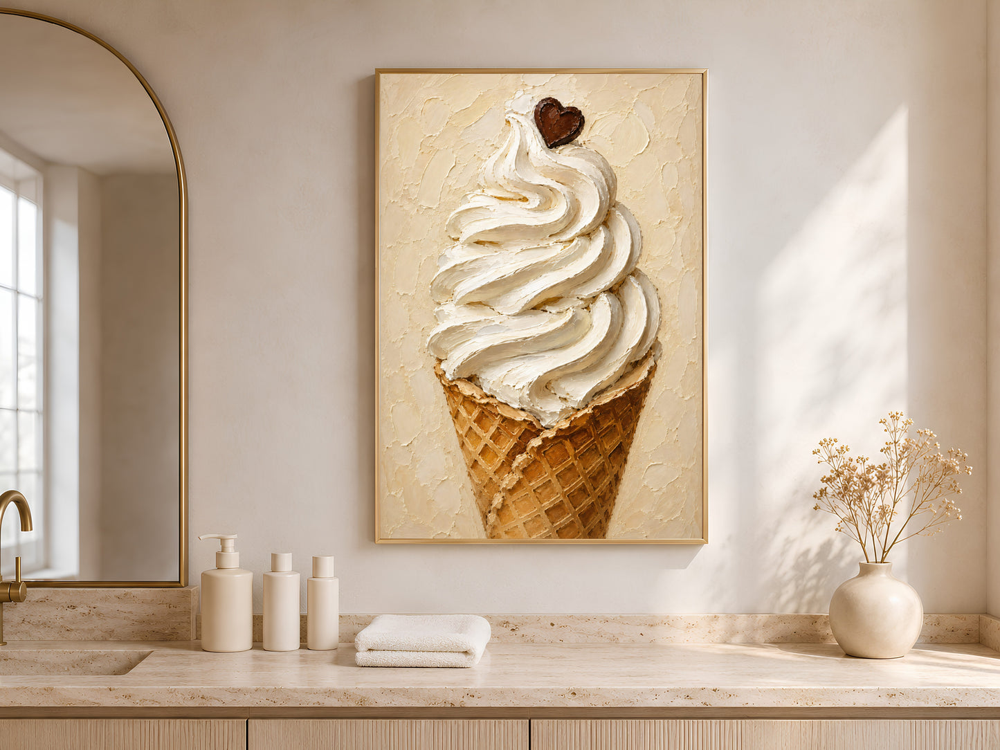 Ice cream soft serve impasto print in a wood frame displayed in a bright minimalist bathroom with warm neutral tones, ceramic vases, and soft natural light
