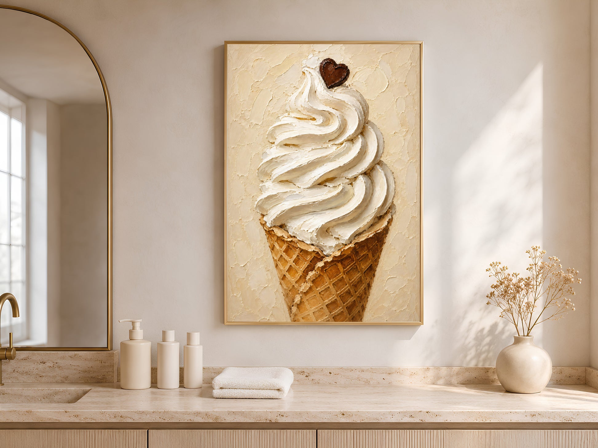 Ice cream soft serve impasto print in a wood frame displayed in a bright minimalist bathroom with warm neutral tones, ceramic vases, and soft natural light
