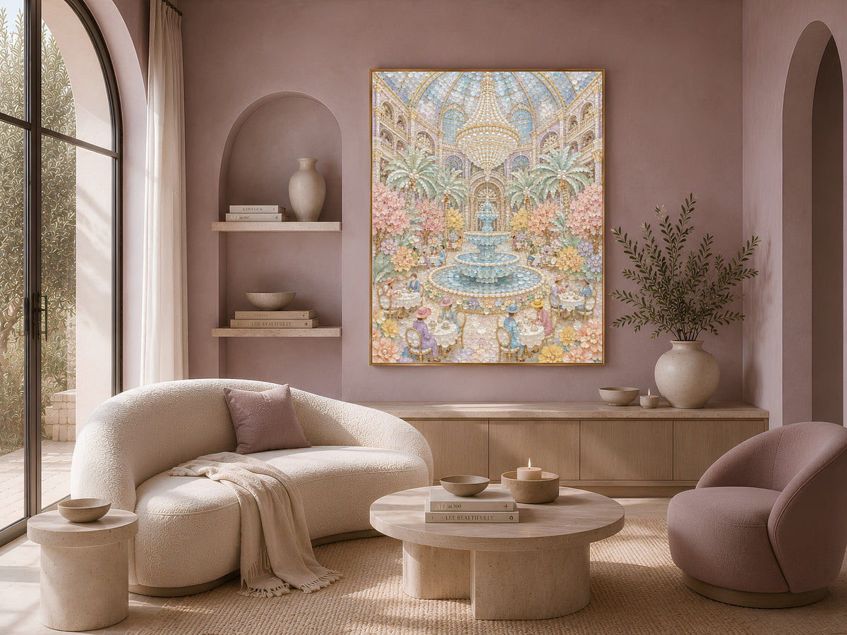 Pastel Garden Courtyard Wall Art, Whimsical Mosaic Fountain Print - Digital Download