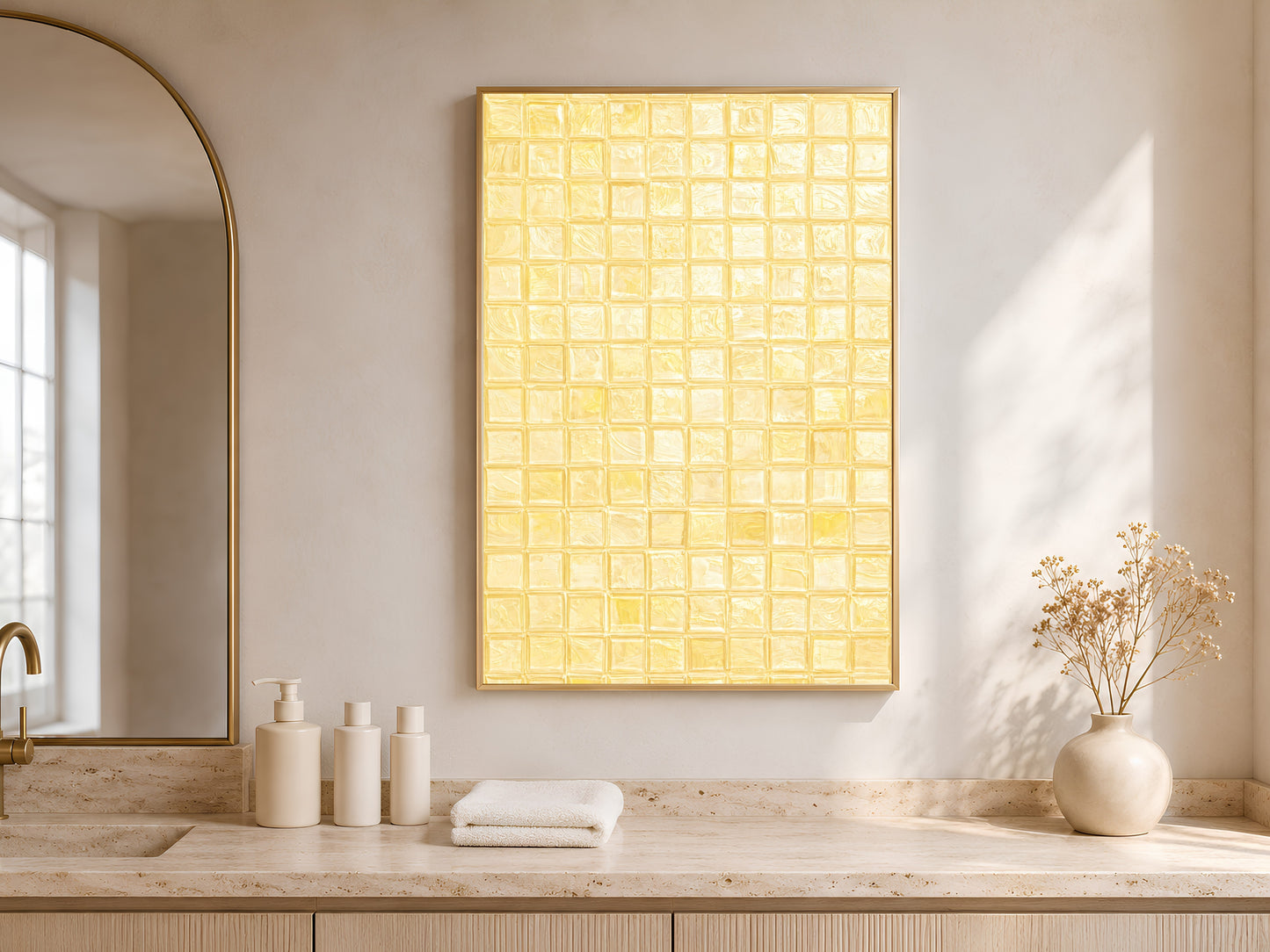 Butter yellow mosaic tile art print in a gold frame hanging above a travertine console with white ceramic vessels in a bright minimal entryway
