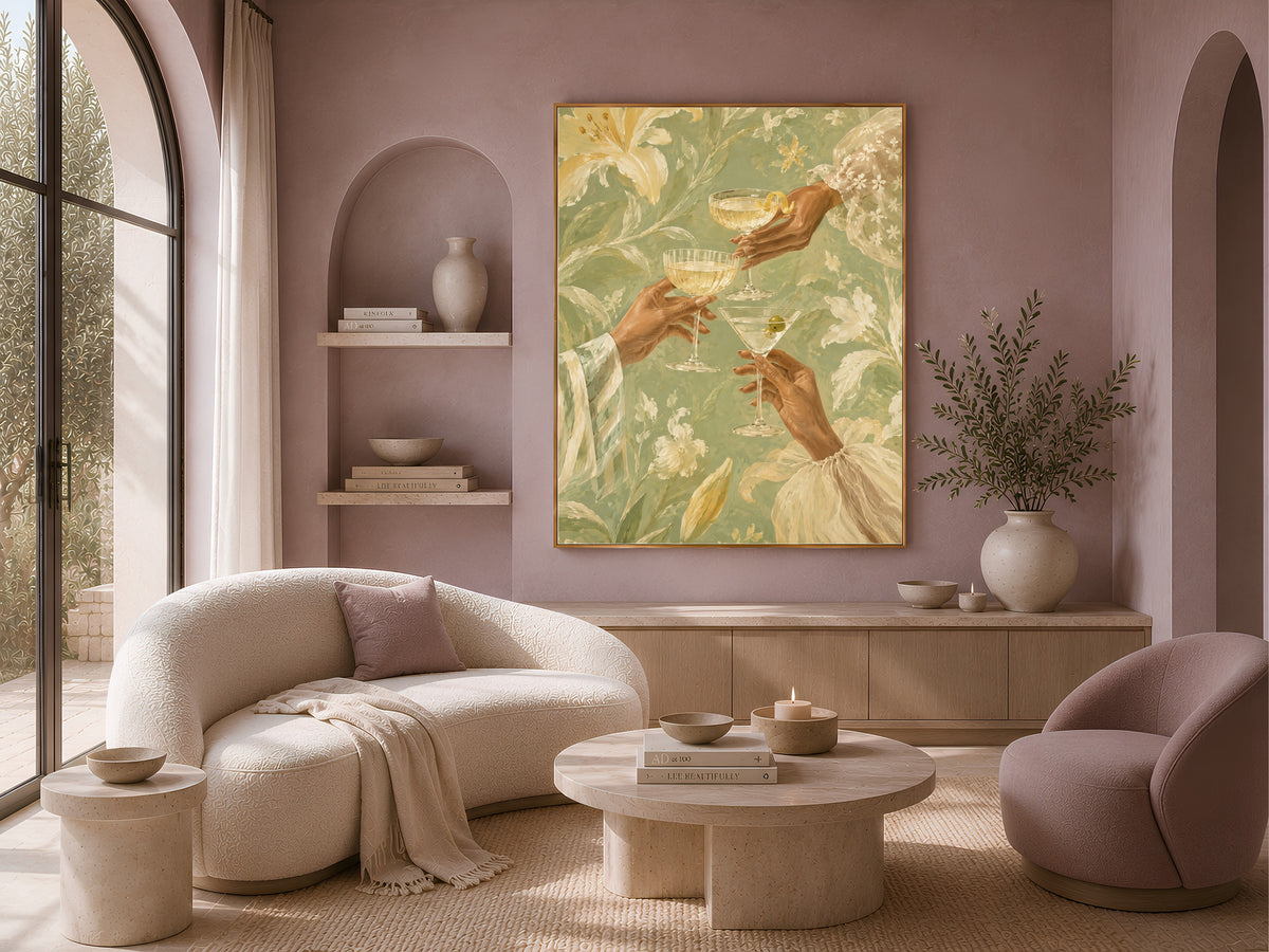 Cheers Cocktail Wall Art, Butter Yellow Floral Print - Digital Download
