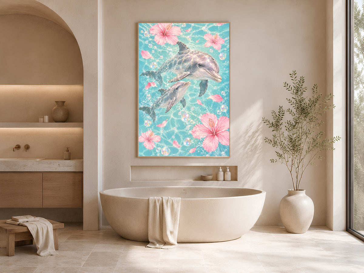 Dolphin Watercolor Wall Art, Mother Baby Dolphin Print - Digital Download